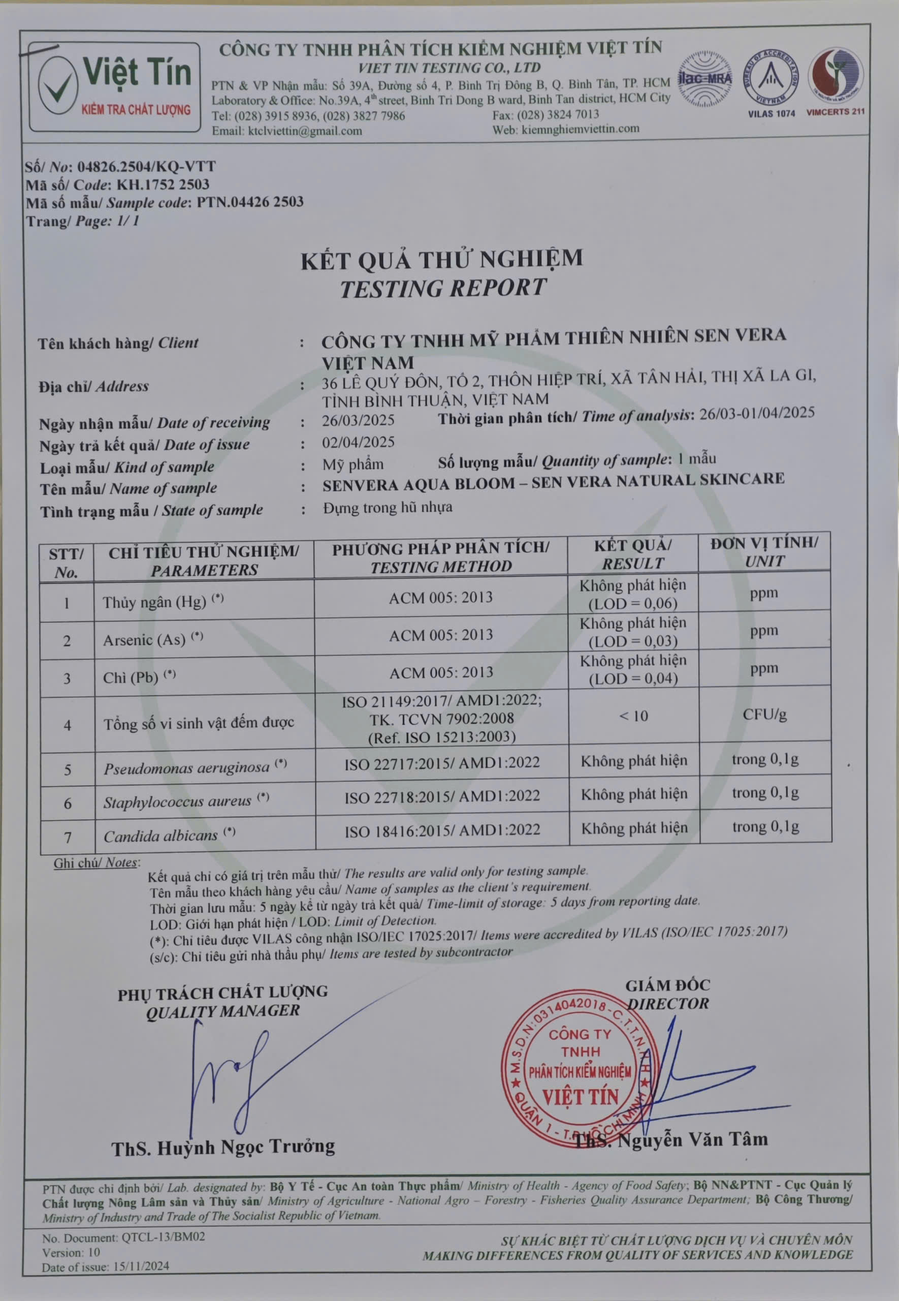 KẾT QUẢ KIỂM NGHIỆM